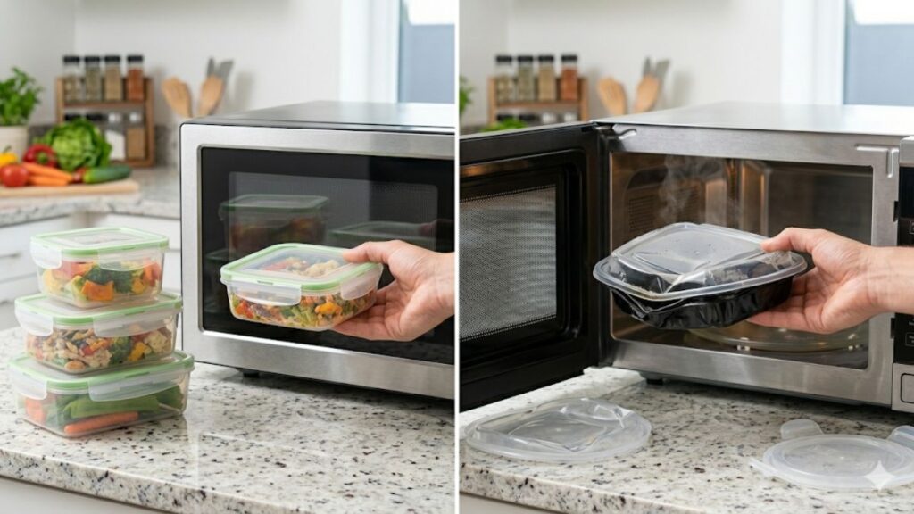 A side-by-side comparison of microwave experiences. On the left, a hand holds a sturdy, green-rimmed plastic container filled with fresh food next to a clean microwave. On the right, a hand holds a warped and melted black takeout container emitting steam after being heated in the same microwave.