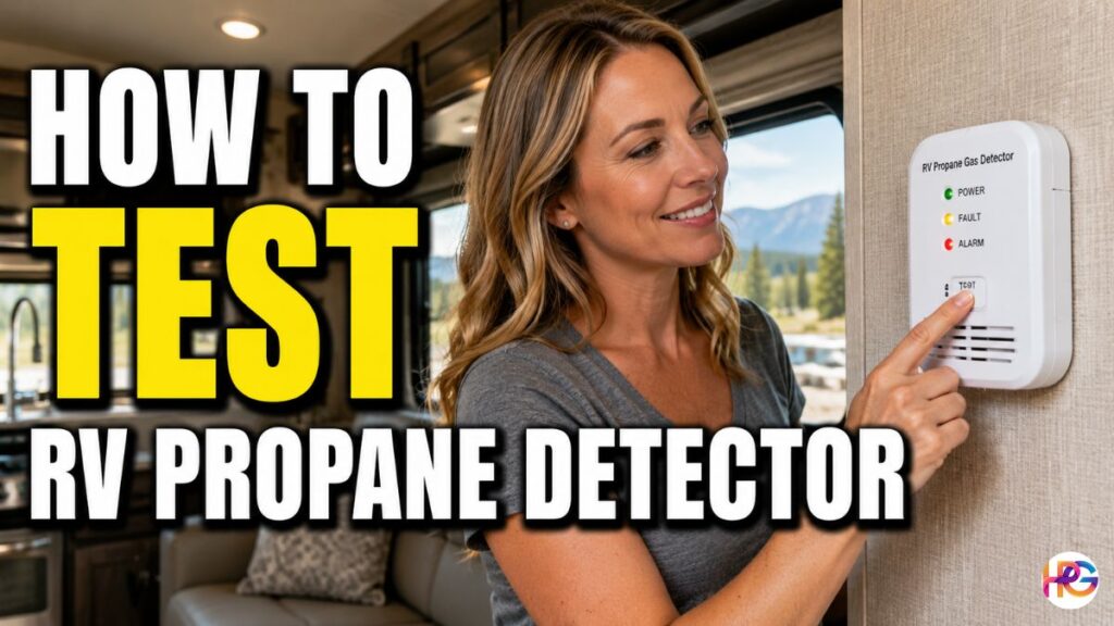 American woman inside an RV pressing the test button on a propane gas detector mounted on the wall, with large Impact-style text reading "How to Test RV Propane Detector."
