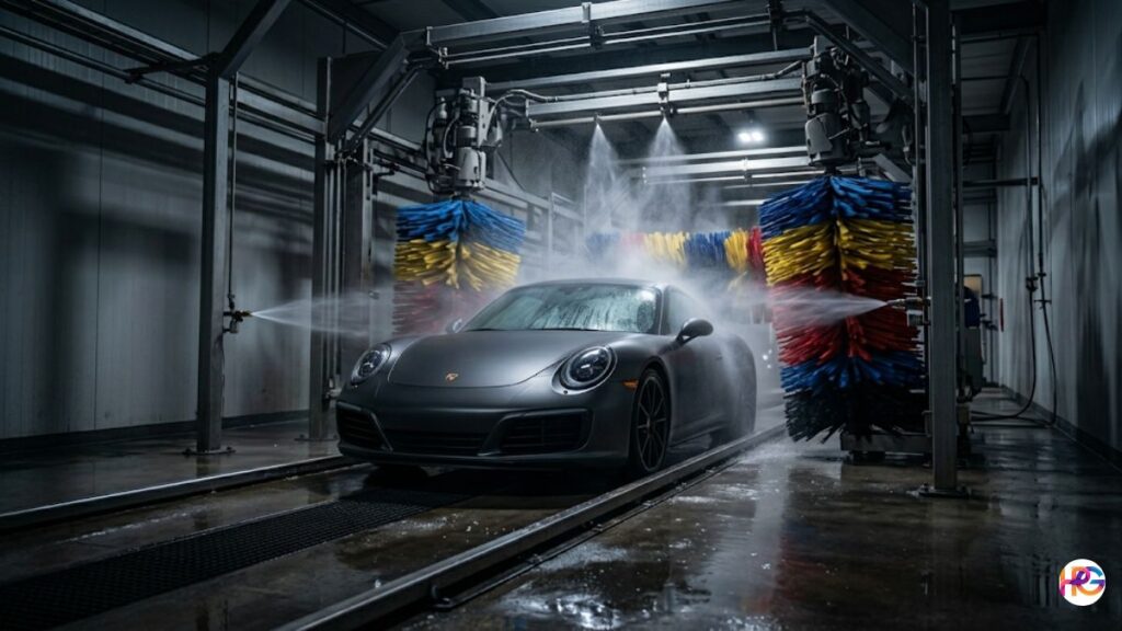 A matte grey sports car sitting inside an automatic car wash tunnel with high-pressure water jets spraying the hood and spinning colorful brushes approaching from the sides.