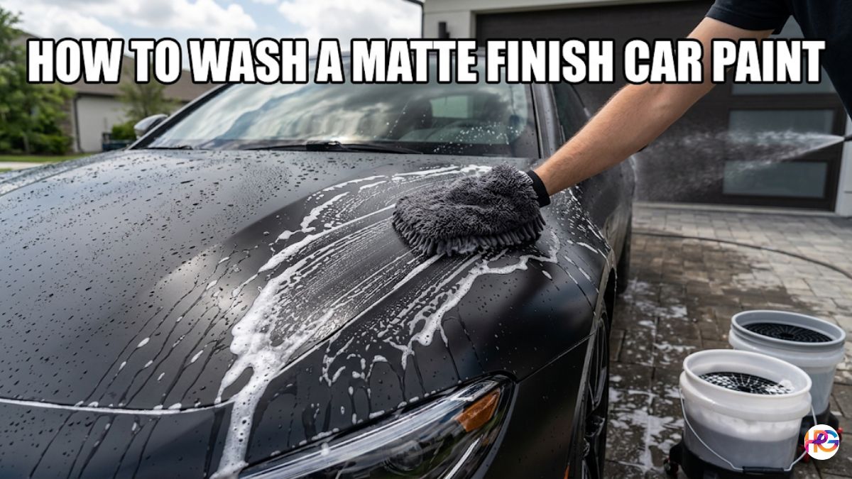 A close-up shot of a hand using a grey microfiber wash mitt to clean the hood of a matte black car covered in white soapy suds, with two wash buckets visible in the driveway and bold text overlaying the top.