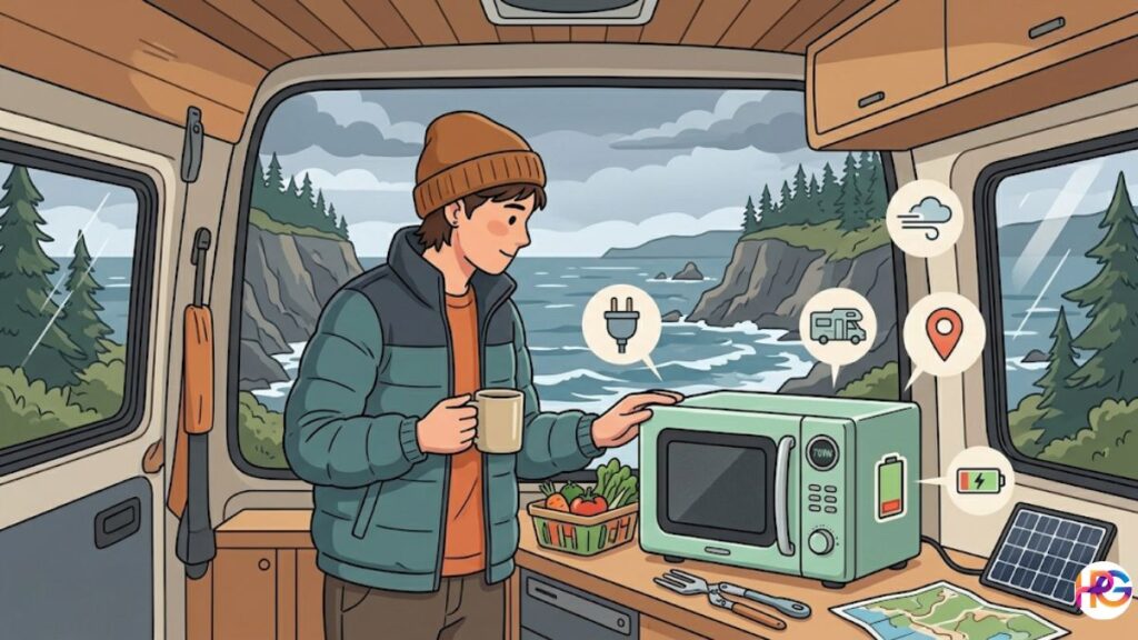 An illustration of a man in a winter jacket and beanie holding a mug inside a camper van, looking at a small mint green 700W microwave with a scenic coastal view through the back window.