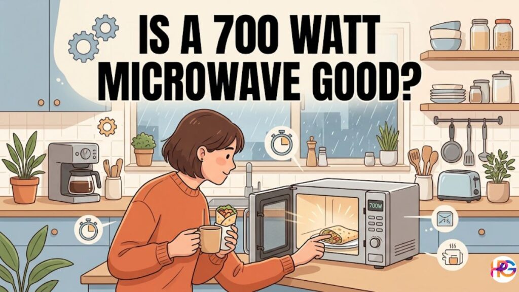 An illustration of a woman in a kitchen on a rainy day heating a breakfast burrito in an open 700W microwave with text reading IS A 700 WATT MICROWAVE GOOD?