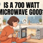 An illustration of a woman in a kitchen on a rainy day heating a breakfast burrito in an open 700W microwave with text reading IS A 700 WATT MICROWAVE GOOD?