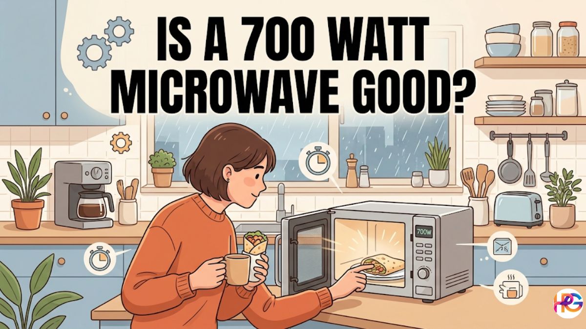 An illustration of a woman in a kitchen on a rainy day heating a breakfast burrito in an open 700W microwave with text reading IS A 700 WATT MICROWAVE GOOD?