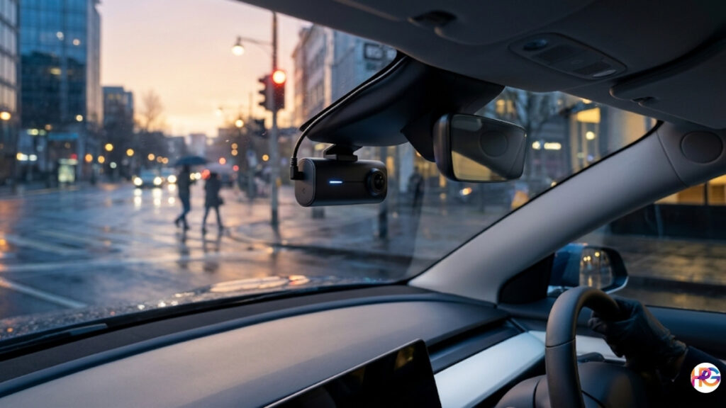 An interior view of a modern car at dusk featuring a sleek, hardwired dash cam mounted behind the rearview mirror with a single cable neatly tucked into the headliner during a rainy city evening.