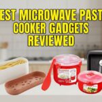 A composite banner image with yellow text that reads, "BEST MICROWAVE PASTA COOKER GADGETS REVIEWED." It features four distinct products: the Fasta Pasta Original Microwave Cooker with its red and blue packaging carton; the Lékué Microwave Pasta Cooker, a white container partially filled with spaghetti next to its terracotta colander lid; a set of two bright red Sistema Microwave containers (taller rice cooker and short round container with a red spoon); and a stack of multi-colored Rapid Ramen Cookers behind a single black Rapid Ramen Cooker with packaging.