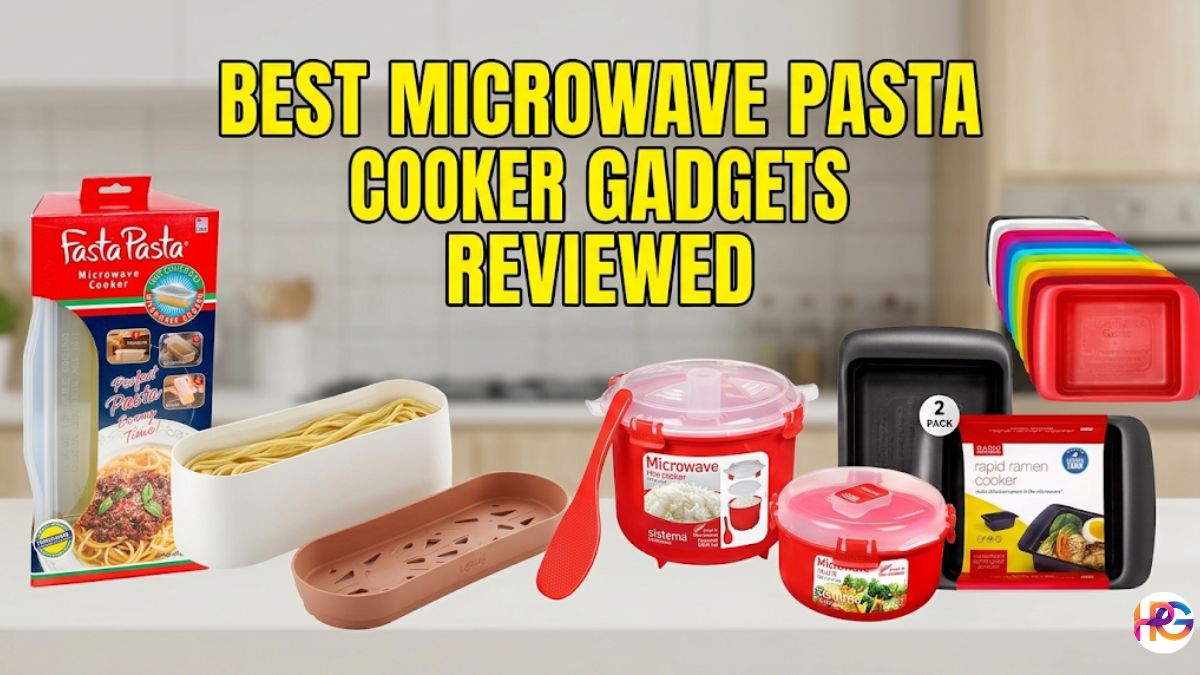 A composite banner image with yellow text that reads, "BEST MICROWAVE PASTA COOKER GADGETS REVIEWED." It features four distinct products: the Fasta Pasta Original Microwave Cooker with its red and blue packaging carton; the Lékué Microwave Pasta Cooker, a white container partially filled with spaghetti next to its terracotta colander lid; a set of two bright red Sistema Microwave containers (taller rice cooker and short round container with a red spoon); and a stack of multi-colored Rapid Ramen Cookers behind a single black Rapid Ramen Cooker with packaging.