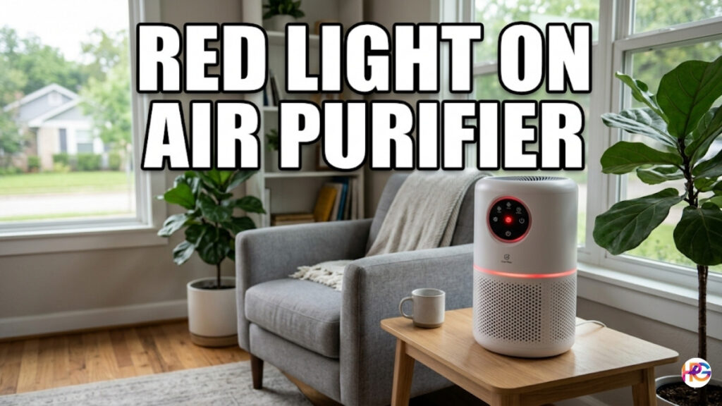 A white cylindrical air purifier with glowing red indicator lights sits on a wooden table in a sunlit living room next to an armchair and plants. Large, bold, white text at the top center reads: "RED LIGHT ON AIR PURIFIER".