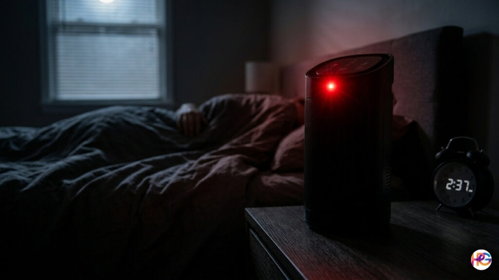 A black air purifier on a wooden nightstand in a dark bedroom with a bright red indicator light glowing at 2:37 AM.