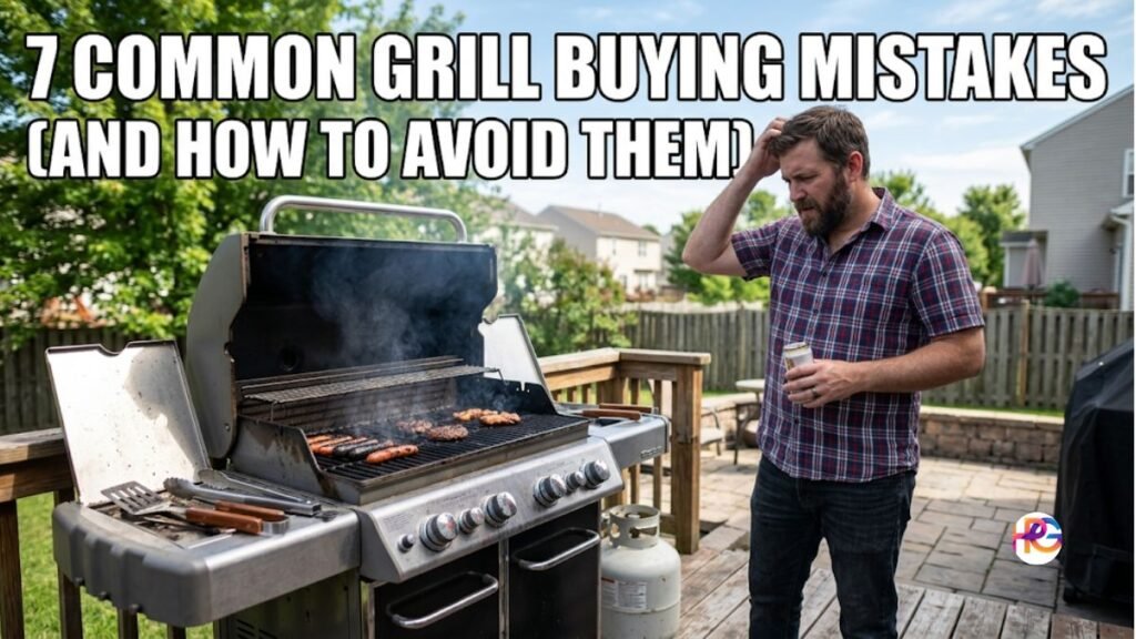 A confused man standing next to a smoking gas grill on a backyard patio, highlighting grill buying mistakes.