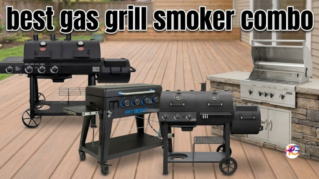 A composite image on a wooden deck showing four outdoor cooking appliances. From left, a black dual-chamber offset smoker, a Pit Boss black griddle station, another black offset smoker, and a stainless steel built-in grill in a stone island. The text "best gas grill smoker combo" is displayed in large black Impact font with a white outline across the top.