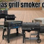 A composite image on a wooden deck showing four outdoor cooking appliances. From left, a black dual-chamber offset smoker, a Pit Boss black griddle station, another black offset smoker, and a stainless steel built-in grill in a stone island. The text "best gas grill smoker combo" is displayed in large black Impact font with a white outline across the top.
