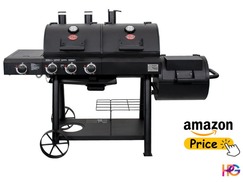 A front view of the Char-Griller Texas Trio combo grill featuring a dual-hood black barrel body, side burner, and attached offset firebox smoker. An Amazon price button graphic sits in the bottom right corner.