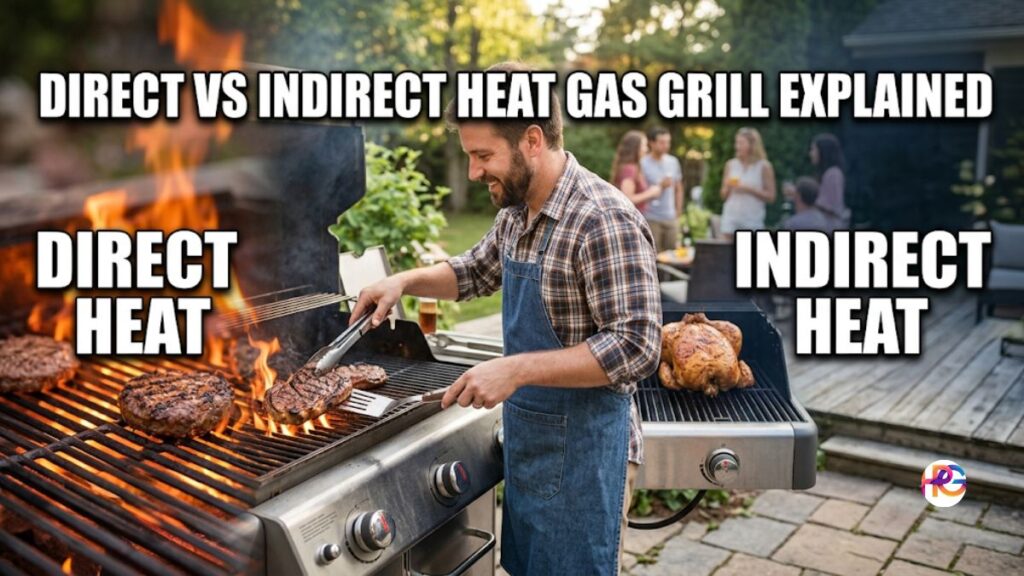 An American man cooking on a gas grill with a clear two-zone setup showing direct vs indirect heat gas grill explained visually with text overlays.