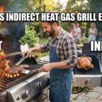 An American man cooking on a gas grill with a clear two-zone setup showing direct vs indirect heat gas grill explained visually with text overlays.
