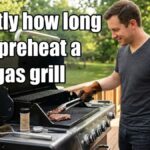 A smiling American man wearing leather grilling gloves uses tongs to flip steaks on a large outdoor gas grill on a wooden deck.