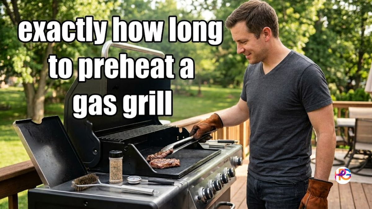 A smiling American man wearing leather grilling gloves uses tongs to flip steaks on a large outdoor gas grill on a wooden deck.