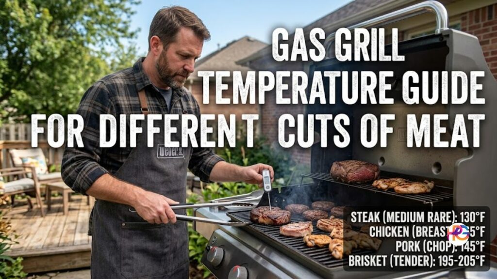 An American man in a plaid shirt and apron stands on a backyard deck, using a digital meat thermometer to check a steak on a modern gas grill. Bold white Impact text overlays the scene reading "GAS GRILL TEMPERATURE GUIDE FOR DIFFERENT CUTS OF MEAT," with a small temperature chart in the bottom right corner.