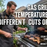 An American man in a plaid shirt and apron stands on a backyard deck, using a digital meat thermometer to check a steak on a modern gas grill. Bold white Impact text overlays the scene reading "GAS GRILL TEMPERATURE GUIDE FOR DIFFERENT CUTS OF MEAT," with a small temperature chart in the bottom right corner.