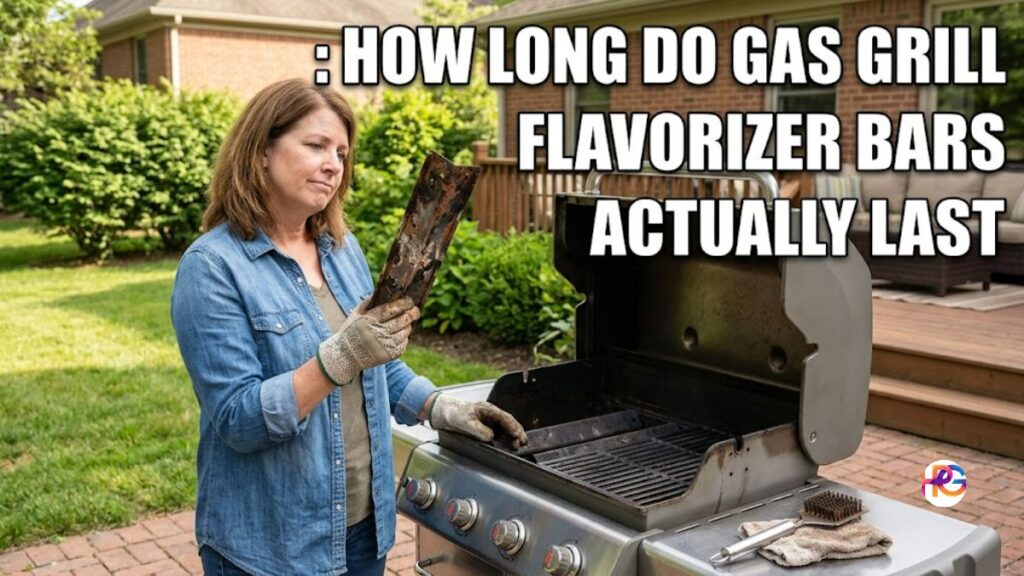 An American woman in a backyard holding up a severely rusted and degraded metal gas grill flavorizer bar next to an open stainless steel barbecue grill.