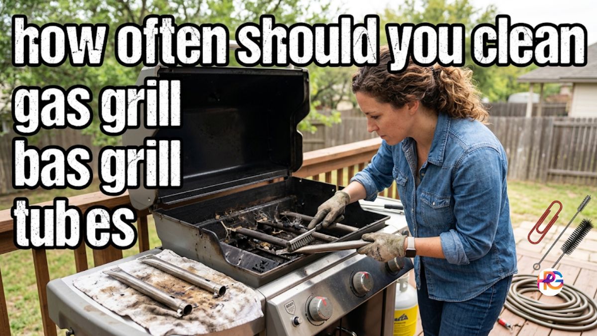 An American woman on a wooden backyard deck cleaning the stainless steel burner tubes of an open gas grill using a wire brush.