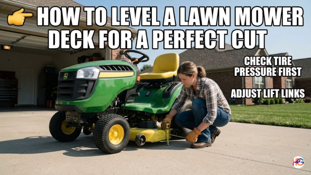 An American woman in flannel and work gloves uses a tape measure on a green riding lawn mower deck in a concrete driveway.