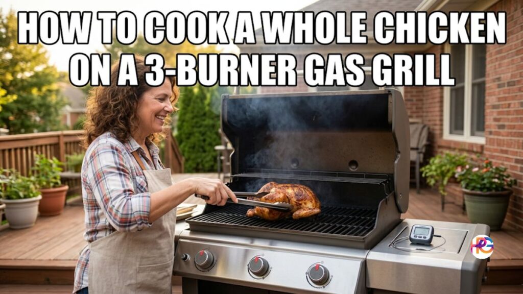 A smiling American woman wearing an apron stands on a wooden deck, using tongs to check a whole roasted chicken cooking on a modern 3-burner gas grill. White text at the top reads "HOW TO COOK A WHOLE CHICKEN ON A 3-BURNER GAS GRILL".