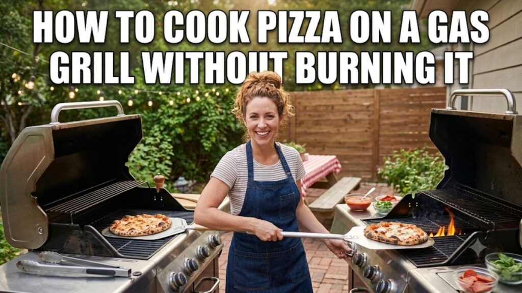 A smiling American woman in a denim apron standing between two large gas grills in a backyard. She is using a metal pizza peel to move a pizza. Bold, white text at the top reads "HOW TO COOK PIZZA ON A GAS GRILL WITHOUT BURNING IT" in a classic meme-style Impact font.