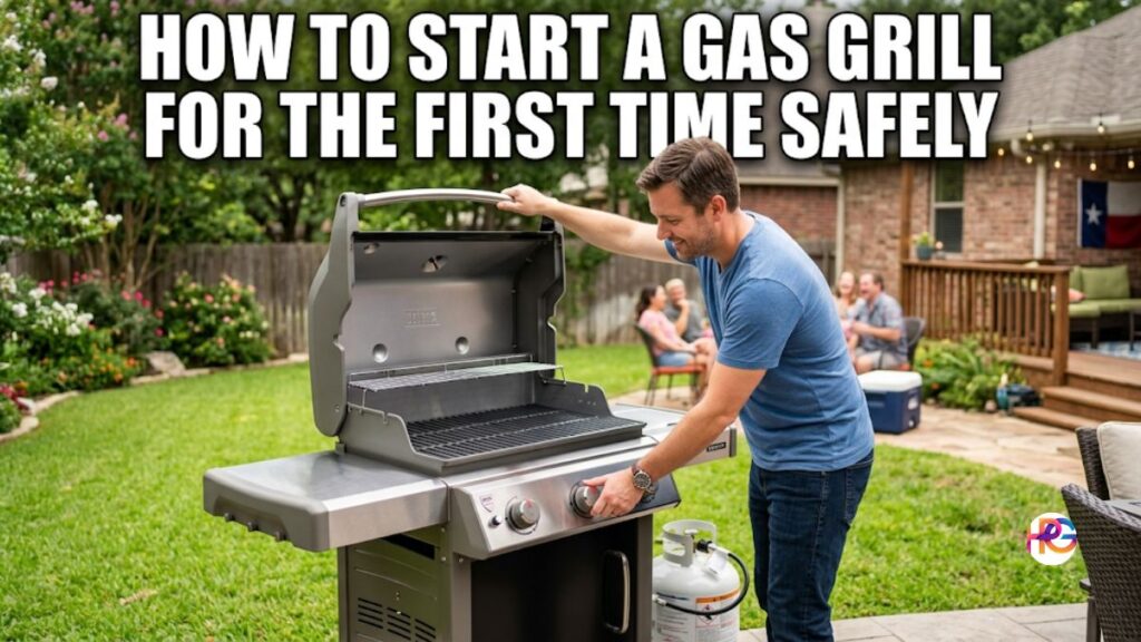 A smiling American man in a blue t-shirt opening the lid of a brand new gas grill on a suburban backyard patio with the text "HOW TO START A GAS GRILL FOR THE FIRST TIME SAFELY" in white Impact font across the top.