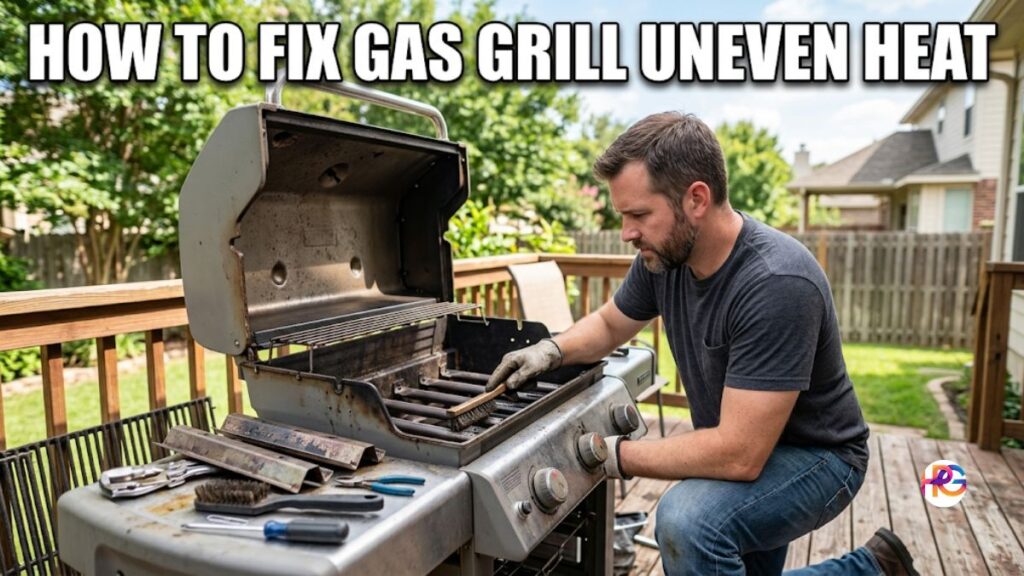 An American man cleans the burner tubes of an open gas grill on a wooden backyard deck to fix uneven heat.