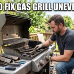 An American man cleans the burner tubes of an open gas grill on a wooden backyard deck to fix uneven heat.