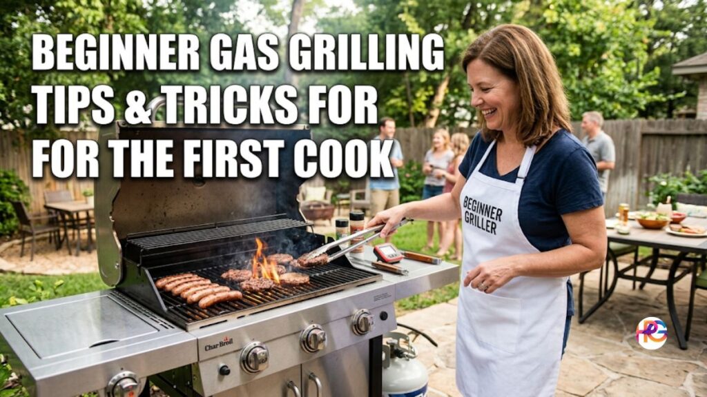 An American woman in a white "Beginner Griller" apron uses stainless steel tongs to flip burgers on a Char-Broil gas grill during a backyard cookout. White Impact font text in the upper left reads, "BEGINNER GAS GRILLING TIPS & TRICKS FOR THE FIRST COOK."