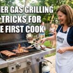 An American woman in a white "Beginner Griller" apron uses stainless steel tongs to flip burgers on a Char-Broil gas grill during a backyard cookout. White Impact font text in the upper left reads, "BEGINNER GAS GRILLING TIPS & TRICKS FOR THE FIRST COOK."
