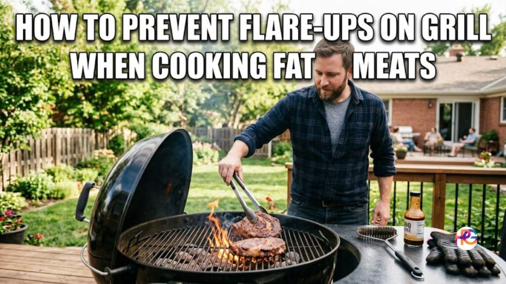 An American man uses long metal tongs to move thick ribeye steaks on a charcoal kettle grill during a backyard barbecue, managing a small flame flare-up on the grates.