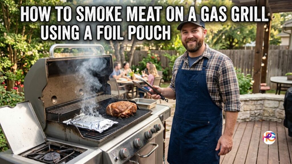 A smiling American man in a blue apron standing next to an open gas grill on a backyard deck, with smoke rising from a foil packet and meat cooking on the grates.