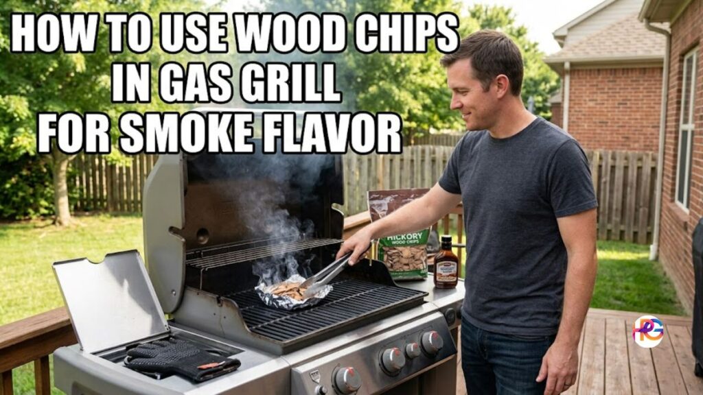 An American man on a wooden deck uses tongs to place an aluminum foil pouch filled with wood chips onto a gas grill to create smoke flavor.