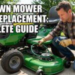 A close-up photograph of a Caucasian man in work clothes and gloves, kneeling and replacing a green drive belt on the deck pulley system of a riding lawn mower, with the text "DIY LAWN MOWER BELT REPLACEMENT: COMPLETE GUIDE" in the top-left corner.