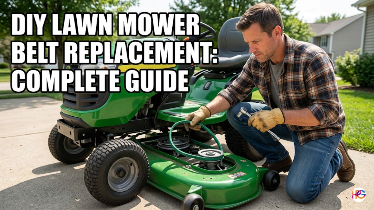 A close-up photograph of a Caucasian man in work clothes and gloves, kneeling and replacing a green drive belt on the deck pulley system of a riding lawn mower, with the text "DIY LAWN MOWER BELT REPLACEMENT: COMPLETE GUIDE" in the top-left corner.
