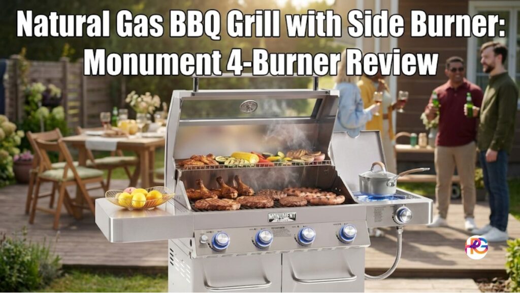 A 4-burner Monument natural gas bbq grill with side burner open and cooking food on a backyard patio with people in the background.