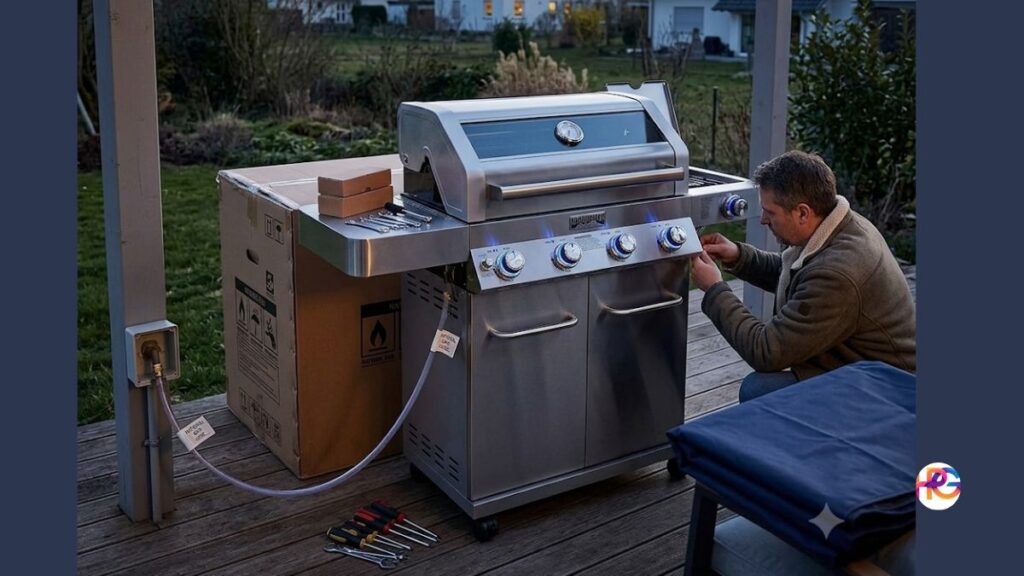A man in a brown fleece jacket is kneeling on a wooden deck, assembling a stainless steel gas grill. Tools like screwdrivers and wrenches are lying on the deck nearby, and a large cardboard box sits next to the grill. The background shows a suburban backyard at twilight with houses.