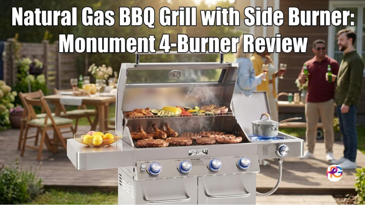 A 4-burner Monument natural gas bbq grill with side burner open and cooking food on a backyard patio with people in the background.