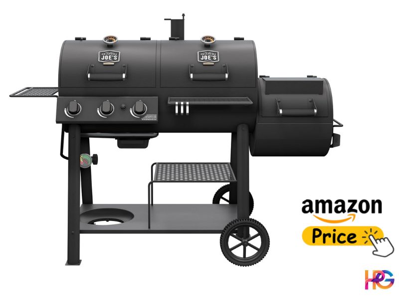 A heavy-gauge matte black Oklahoma Joe's Canyon Combo grill with a double-barrel main body, temperature gauges, and an attached right-side firebox. An Amazon price button graphic sits in the bottom right corner.