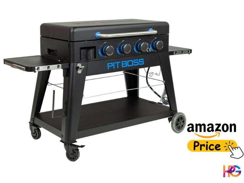A black Pit Boss Memphis Ultimate multi-function wheeled grill cart with side shelves and blue-accented control knobs. An Amazon price button graphic sits in the bottom right corner.