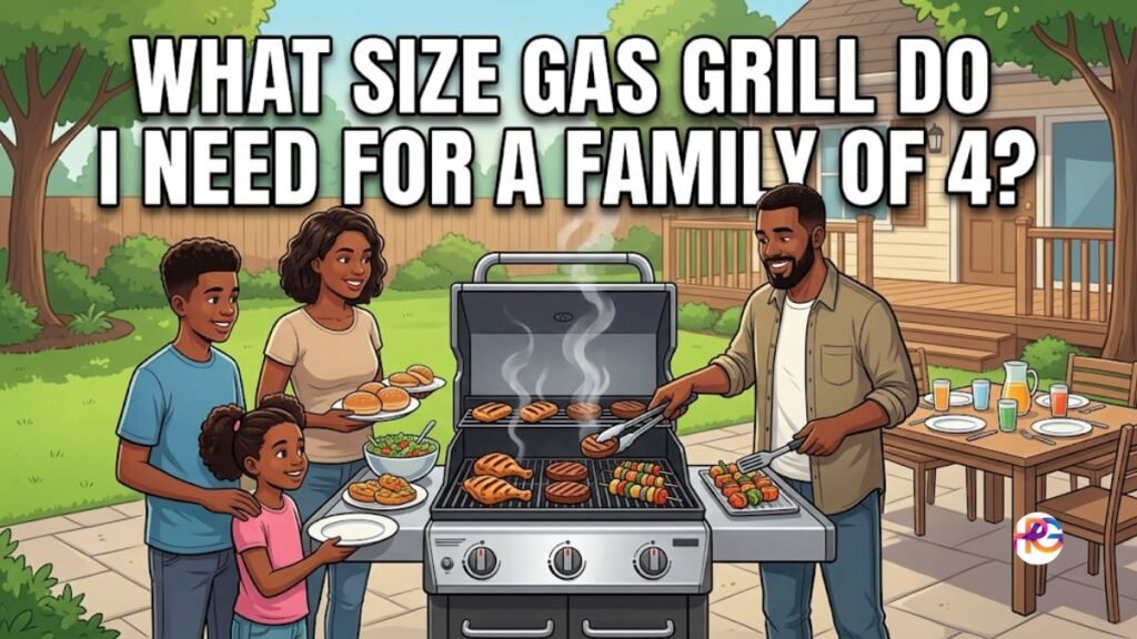 A family of four enjoying a backyard barbecue around a 3-burner gas grill, with text overlay asking what size gas grill do I need for a family of 4.