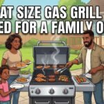 A family of four enjoying a backyard barbecue around a 3-burner gas grill, with text overlay asking what size gas grill do I need for a family of 4.