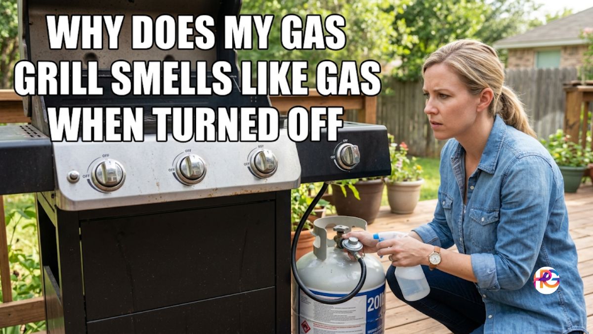 An American woman in a denim shirt kneels on a wooden patio next to a gas grill, looking concerned as she uses a soapy water spray bottle to test the propane tank valve for a leak.