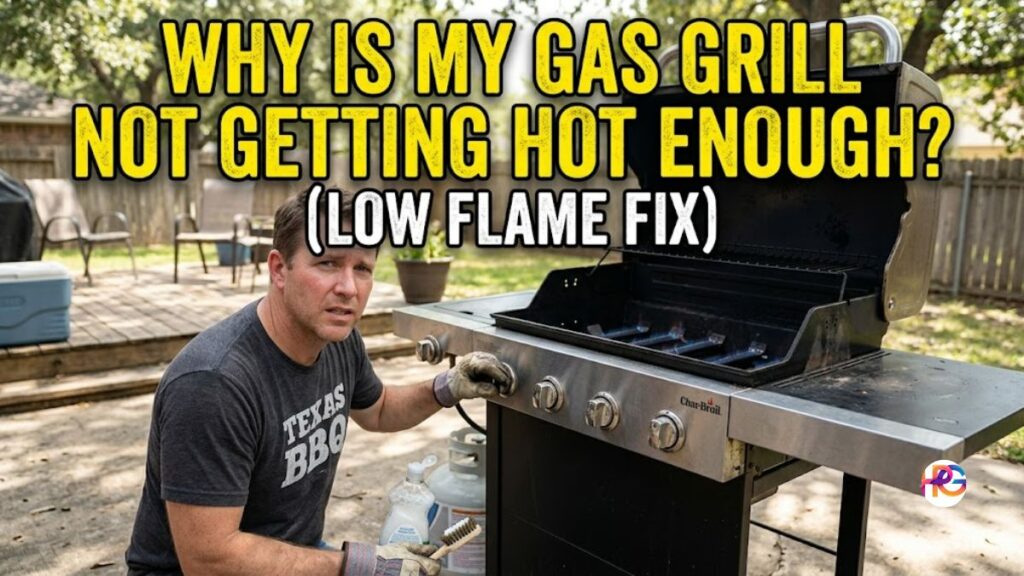 A man in a Texas BBQ t-shirt troubleshooting a gas grill in a backyard with text overlay "Why is my gas grill not getting hot enough? (Low flame fix)".