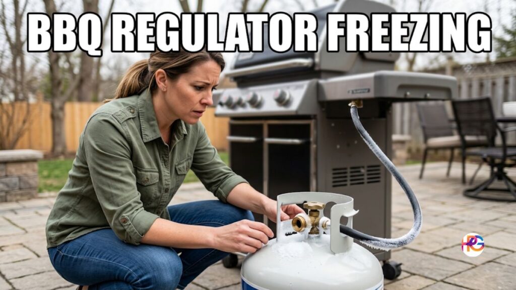 An American woman kneeling next to a propane tank in a backyard, looking confused at a frost-covered BBQ regulator and hose attached to a gas grill.