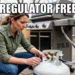 An American woman kneeling next to a propane tank in a backyard, looking confused at a frost-covered BBQ regulator and hose attached to a gas grill.