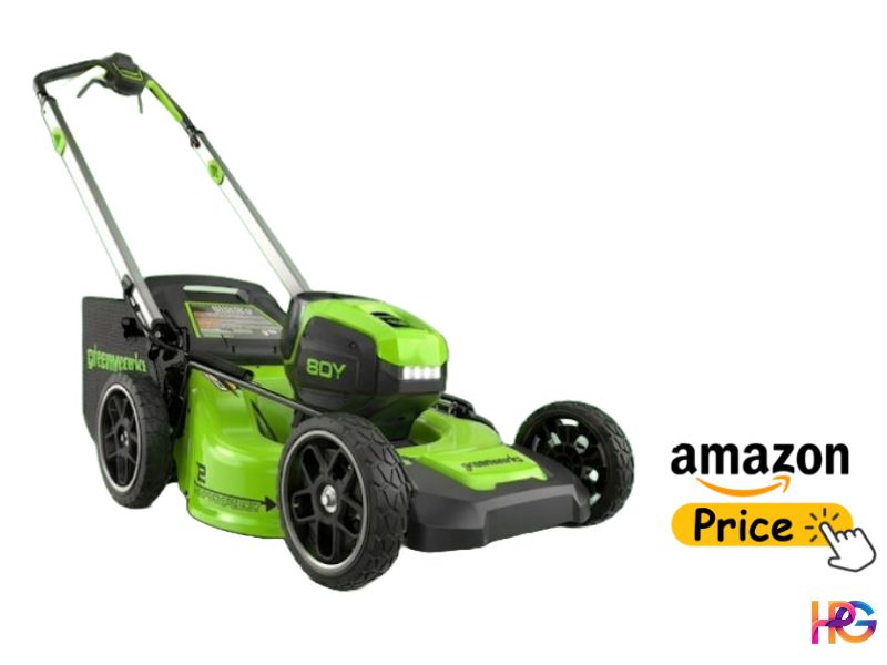 Greenworks 80V cordless electric lawn mower with rear grass bag and Amazon price check button.
